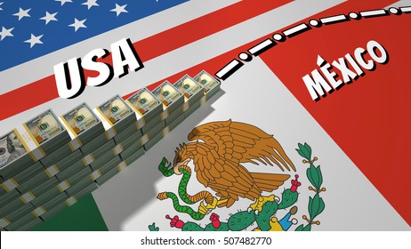 The Symbolic Image Of The Border Between The United States And Mexico, With The Unfinished Wall Of The Bank Packages Of Dollars US.
