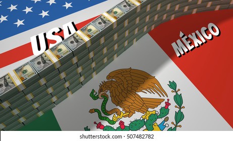 The Symbolic Image Of The Border Between The United States And Mexico, With A Wall Built Of Banking Packages Dollars US.