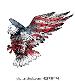 Symbols of American Government. Watercolor American Flag. Ink painted Eagle. Happy Flag Day.