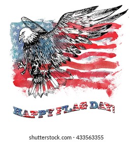 Symbols of American Government. Watercolor American Flag. Ink painted Eagle. Happy Flag Day.