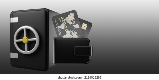 Symbols Of Banking Services. Everything And Plastic Cards On Dark Background. Concept Of Bank Deposits. Use Of Banking Products. Credit Card In Wallet. Copy Space. Place For Your Text. 3d Image.