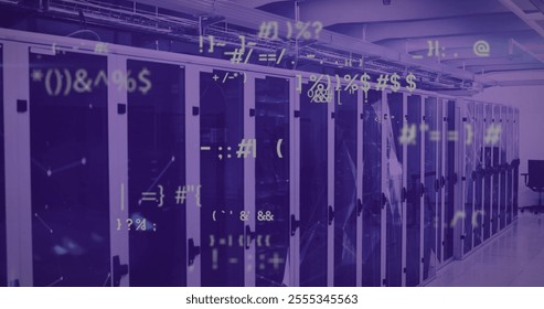 Symbols and coding image over server racks in data center. Technology, cybersecurity, networking, encryption, software, hardware - Powered by Shutterstock