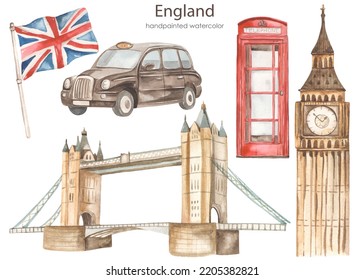 Symbols of England, London landmarks, Big Ben, Tower Bridge, taxi, United Kingdom flag Watercolor set