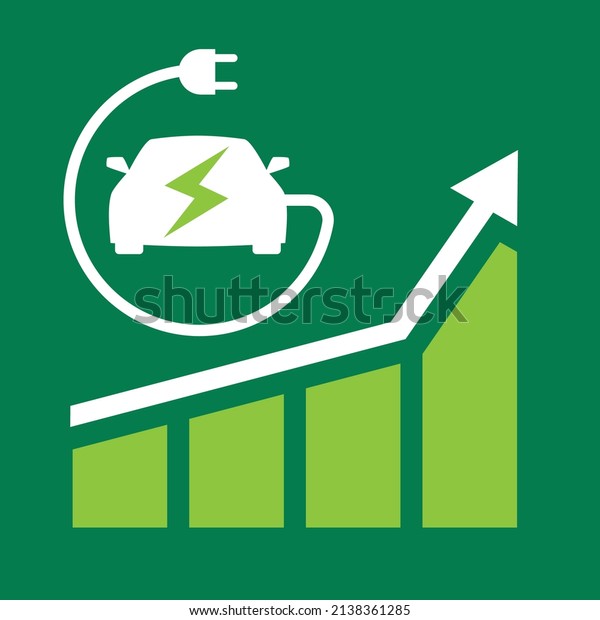 Symbols of green energy\
- an electric car with a cable and an electric plug and a growing\
graph. Growth in the number of electric vehicles. Reducing\
environmental\
pollution