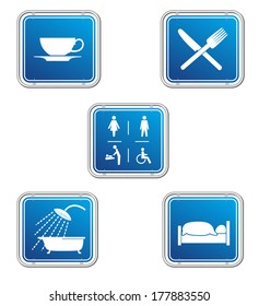 Symbols For Travellers With Signs For Restroom, Overnight Accommodation And Dining Option