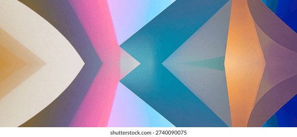 Symmetrical abstract forms display smooth color gradients from pink to blue and orange, creating a mesmerizing and dynamic background texture.
