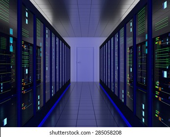 symmetrical server room (colocation) or colo with server cabinets on two sides