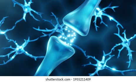 Synaps with neurons in the background, neurotransmitters in synaptic junction, information transmission in the brain 3d illustration
