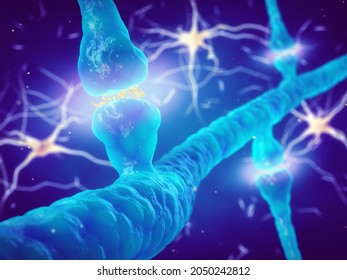 The synapse is the gap between two neurons and is also called neuronal junction. 3d illustration of brain synapses and neurons. Brain synapses pathology and neurological disease concept