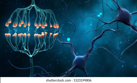 Synapse And Neuron Cells Sending Electrical Chemical Signals. Digital Synapse Illustration On Blue Background. 3 D Illustration .