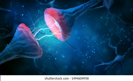 Synapse And Neuron On A Blue Background.  3d Rendering.