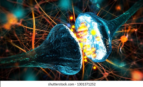 Synaptic Transmission. Structure Of A Typical Chemical Synapse. 3D Illustration