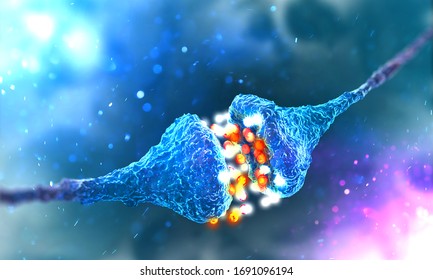 Synaptic transmission. Structure of a typical chemical synapse. 3D illustration