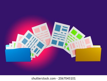 Synchronization Of Data. Exchange Of Information. Exchange Of Documentation. Backup Concept Organization Of Electronic Document Turnover. Two Folders With Papers On Dark Purple Background. 3d Image.