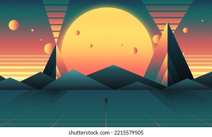 Synthwave And Retrowave Background, Vaporwave 80's Landscape, Futuristic Design, Wave Music, 80s Styled Neon Landscape.	