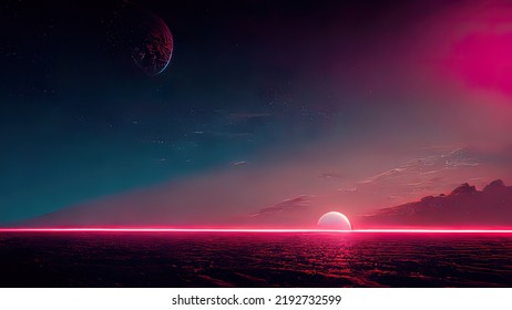Synthwave sunset  Purple planet and pink neon horizon  Dawn  dusk vaporwave  Retro vintage wallpaper  3d render  realistic 