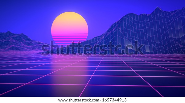 Synthwave Wireframe 80s Retro Backgroundretrowave Horizon Stock ...