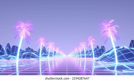 Synthwave Wireframe Net. Palm Trees Around The Road. Retrowave Landscape. 3d Illustration.