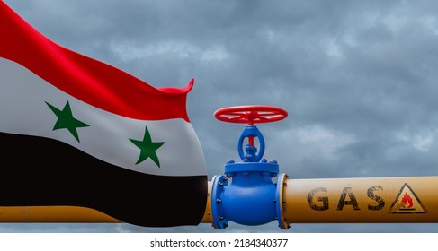 Syria Gas, Valve On The Main Gas Pipeline Syria, Pipeline With Flag Syria, Pipes Of Gas From Syria, 3D Work And 3D Image