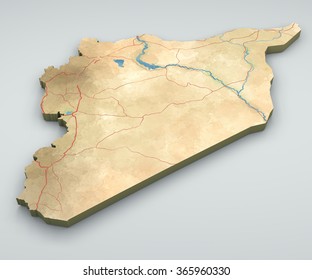 Syria Map, Physical Map, Hand Drawn, 3d