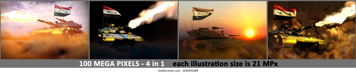 Syrian Arab Republic Army Concept - 4 Detailed Pictures Of Modern Tank With Not Real Design With Syrian Arab Republic Flag, Military 3D Illustration