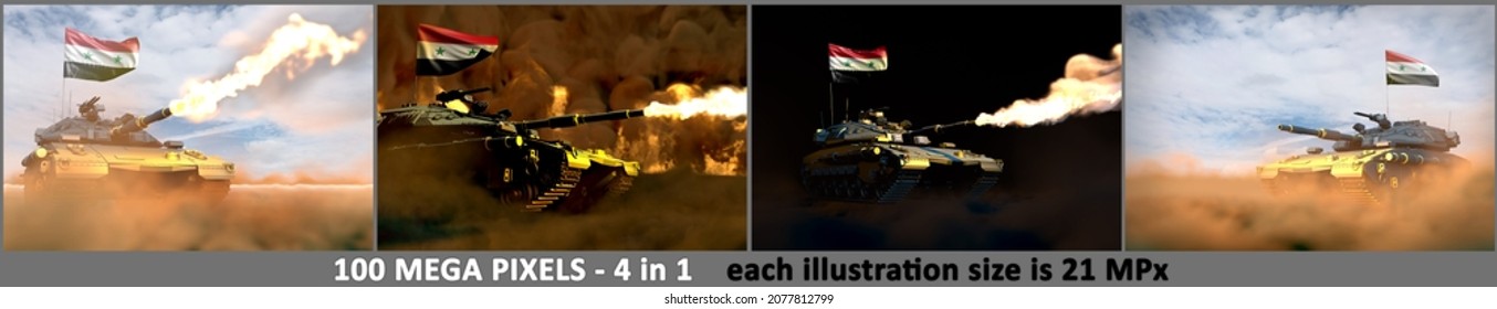 Syrian Arab Republic Army Concept - 4 Highly Detailed Pictures Of Heavy Tank With Fictional Design With Syrian Arab Republic Flag, Military 3D Illustration