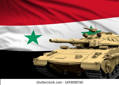 Syrian Arab Republic Modern Tank With Not Real Design On The Flag Background - Tank Army Forces Concept, Military 3D Illustration