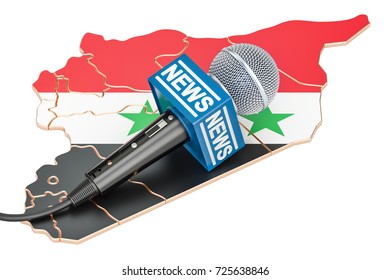 Syrian News Concept, Microphone News On The Map Of Syria. 3D Rendering