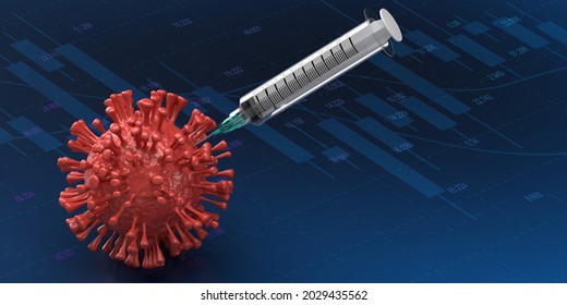 A Syringe In A 3D Render Covid-19 Bacterium Cell. Economy And Financial Line Chart Surface With Copy Space. Data Diagram Showing Increase Of New Mutant Delta Virus Variant And Global Vaccination Rate.