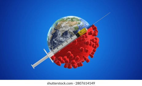 Syringe Between Earth and Virus Symbolizing Global Vaccination 3d illustration