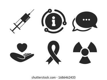 Syringe, Life Insurance, Radiation And Ribbon Signs. Chat, Info Sign. Medicine Icons. Breast Cancer Awareness Symbol. Hand Holds Heart. Classic Style Speech Bubble Icon.