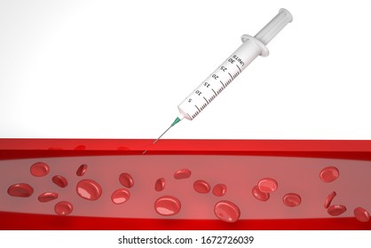 
A Syringe Makes An Injection Into A Vein. Collection Of Analyzes. 3D Rendering