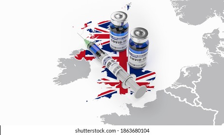 
A Syringe And Two Bottles Of COVID-19 Vaccine On UK Map. Covid Vaccination In Great Britain. 3d Illustration