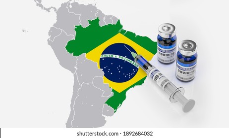 A Syringe And Two Bottles Of COVID-19 Vaccine On Brazil Map. Covid Vaccination In Brazil. 3d Illustration