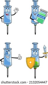 Syringe Vaccine Cartoon Character Series. Raster Collection Set Isolated On White Background