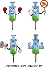 Syringe Vaccine Cartoon Character Series. Raster Collection Set Isolated On White Background