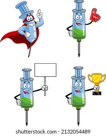 Syringe Vaccine Cartoon Character Series. Raster Collection Set Isolated On White Background