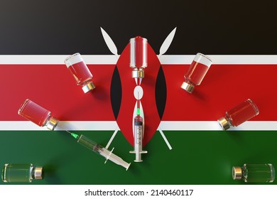 Syringes And Medical Vials On The Flag Of Kenya. Vaccination Related Conceptual 3D Rendering