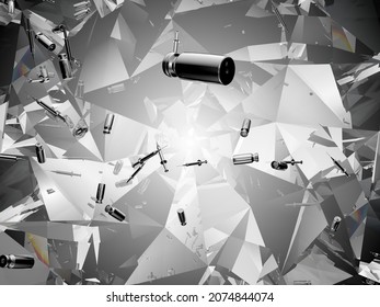 Syringes and medicine vials flow and scatter over kaleidoscope abstraction background. Covid 19 and coronavirus. 3d render, 3d illustration