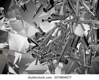 Syringes and medicine vials flow and scatter over kaleidoscope abstraction background. Covid 19 and coronavirus. 3d render, 3d illustration