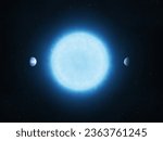 System of a blue star and two planets. Exoplanets near the sun. Earth-like planets in orbit around a blue supergiant 3d illustration.