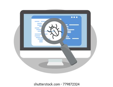 System bug concept. Code bug concept. Bug in the system. Bug searching. Illustration