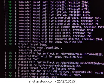 System Output Of A Linux System Shutting Down, Macro Shot Of An High Resolution Screen