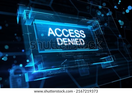 System refuses password, error with white access denied digital sign in virtual blue glowing frame on abstract background. 3D rendering