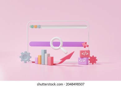 System SEO or Search Engine Optimization marketing. growth website development concept. analytics click search via keyword information computer minimal on pink background. 3d render