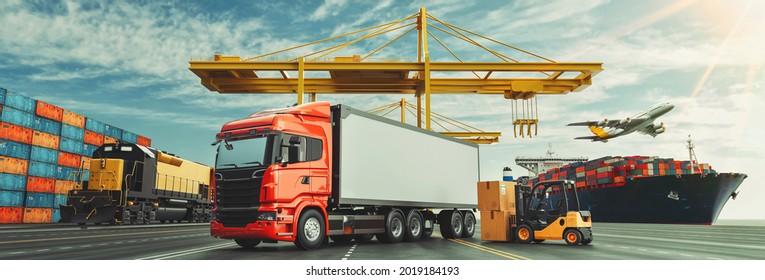 System transport   logistics truk container cargo ship   cargo plane  3d rendering   illustration 