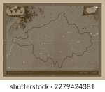 Szabolcs-Szatmar-Bereg, county of Hungary. Elevation map colored in sepia tones with lakes and rivers. Locations and names of major cities of the region. Corner auxiliary location maps