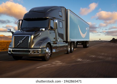 Szczecin, Poland-April 2021:Volvo truck with a trailer bearing the Amazon logo.3D illustration