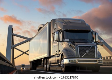 Szczecin, Poland-April 2021:Volvo truck with a trailer bearing the Amazon logo.3D illustration