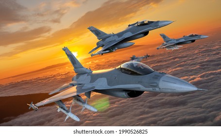 Szczecin, Poland-June 2021:Lockheed Martin F-16 Polish Air Force flying in close .3D illustration.